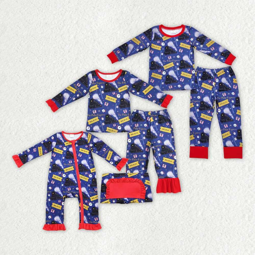 New fashion baby girl boy Christmas train navy blue long sleeved pajamas set jumpsuit wholesale boutique childrens clothing RTS W241213