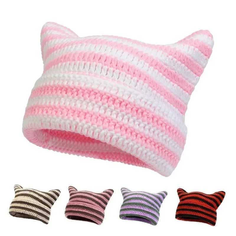 New Japanese Streetwear Harajuku Beanie Little Devil Striped Knitted Hat Women Girls Autumn Winter Cute Cat Ears CapXJ241213