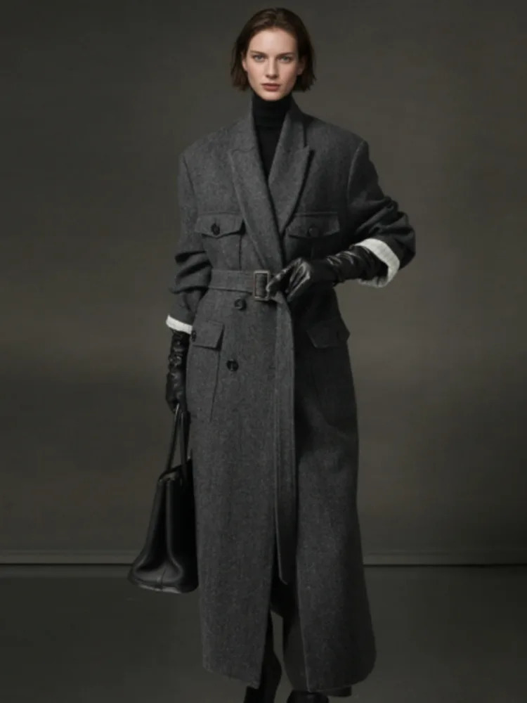 DFDG Herringbone Pattern Right Angled Shoulder n Temperament Cashmere Woolen Coat Autumn Winter For Women 241213