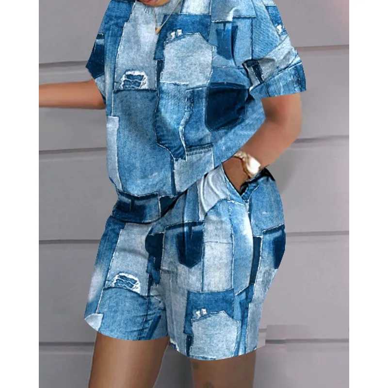 Women's Two Piece Pants 2024 Spring Summer New Womens Clothing round Neck Short Slve Top Casual Shorts Positioning Printing 2-Piece Set Y2412134V