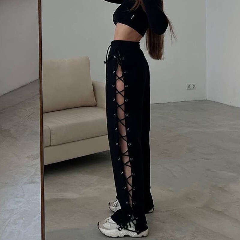 European And American Women's New Street Slim Fit Side Slit Chicken Eye Strap Hollow Out Versatile Wide Leg Pants