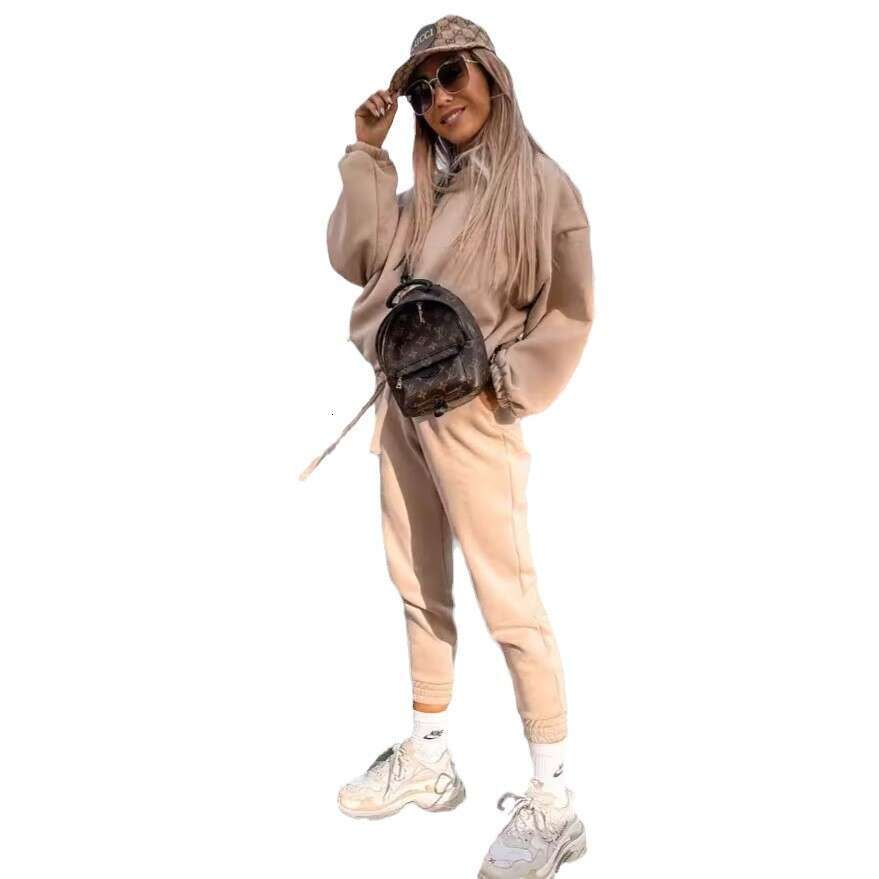 European American Foreign Trade Autumn And Winter New Solid Color Hoodie Two-Piece Set Trendy Clothing Fashion Casual Temperament