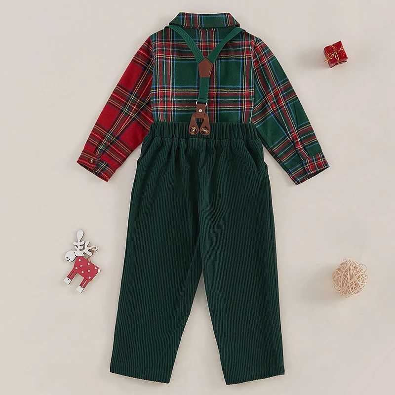 Pudcoco Toddler Kids Boy Gentleman Outfit Christmas Plaid Print Button Long Sleeves Shirt Suspender Pants Set Formal Wear 1-7T W241213