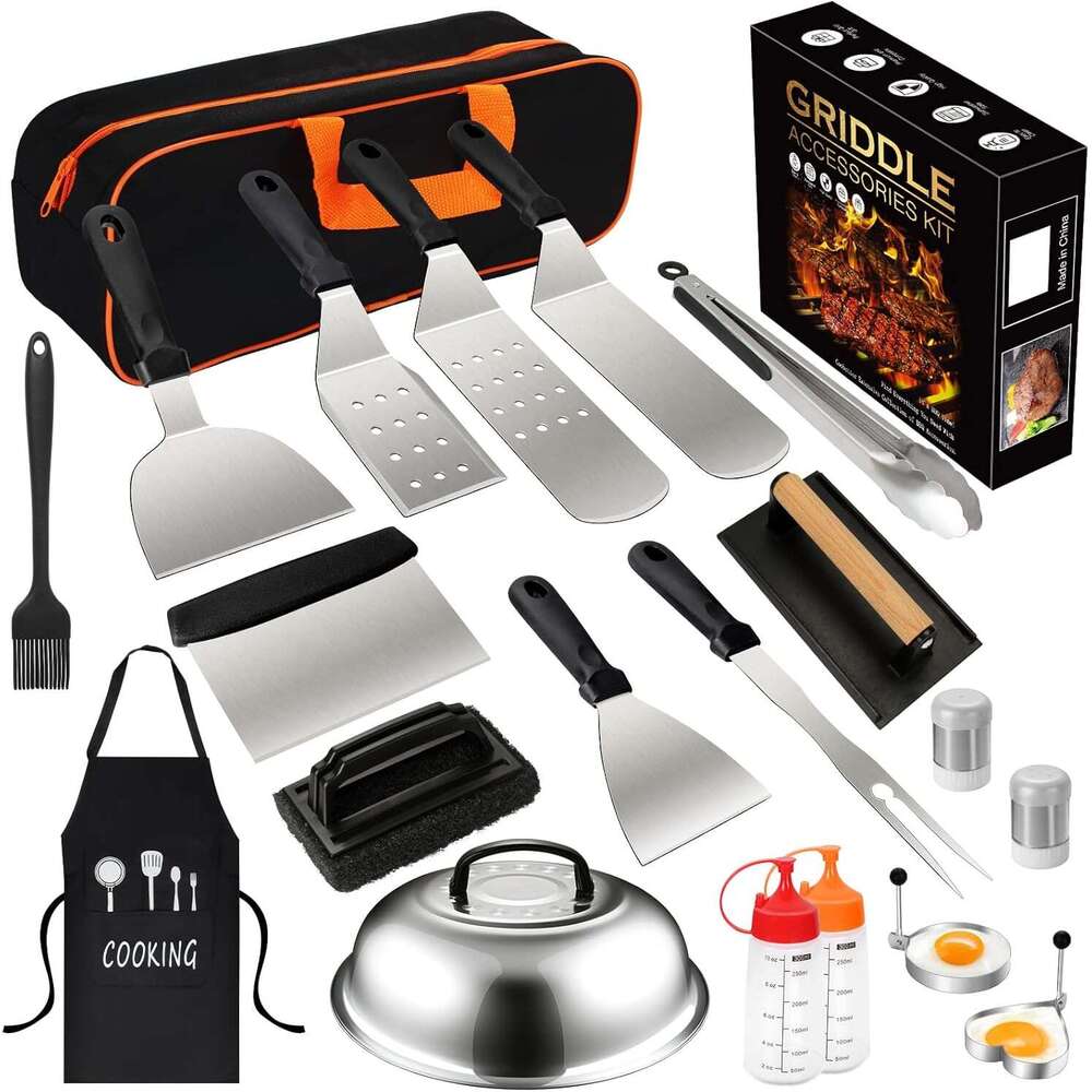 Griddle Kit, Upgraded Flat Top Accessories Blackstone and Camp Chef, Grill Spatula Set with Enlarged Spatulas, Basting Cover, Iron Smash Burger Press 