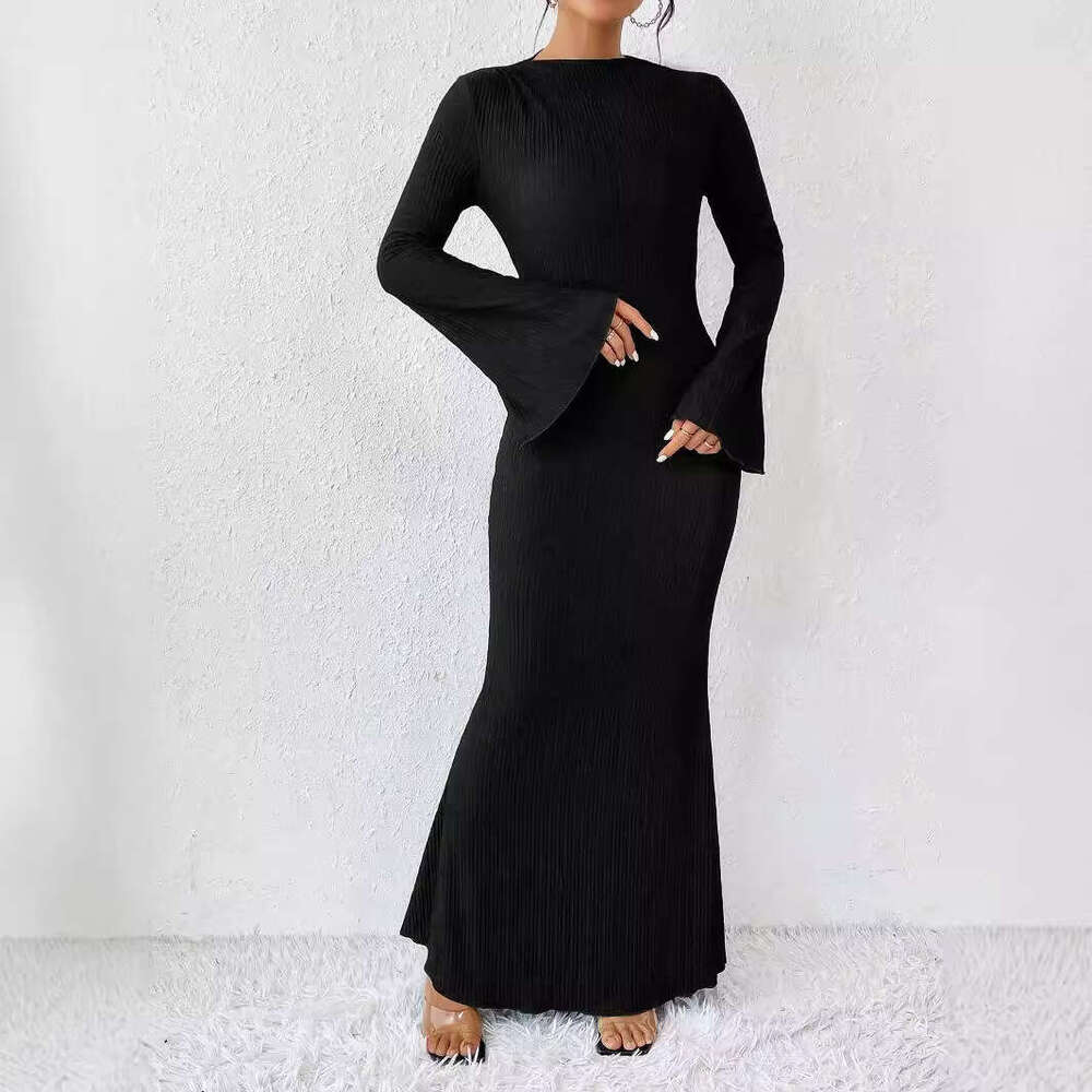 European American style 2024 autumn and winter new women's fashion round neck trumpet long sleeved slim fit hip hing dress for women