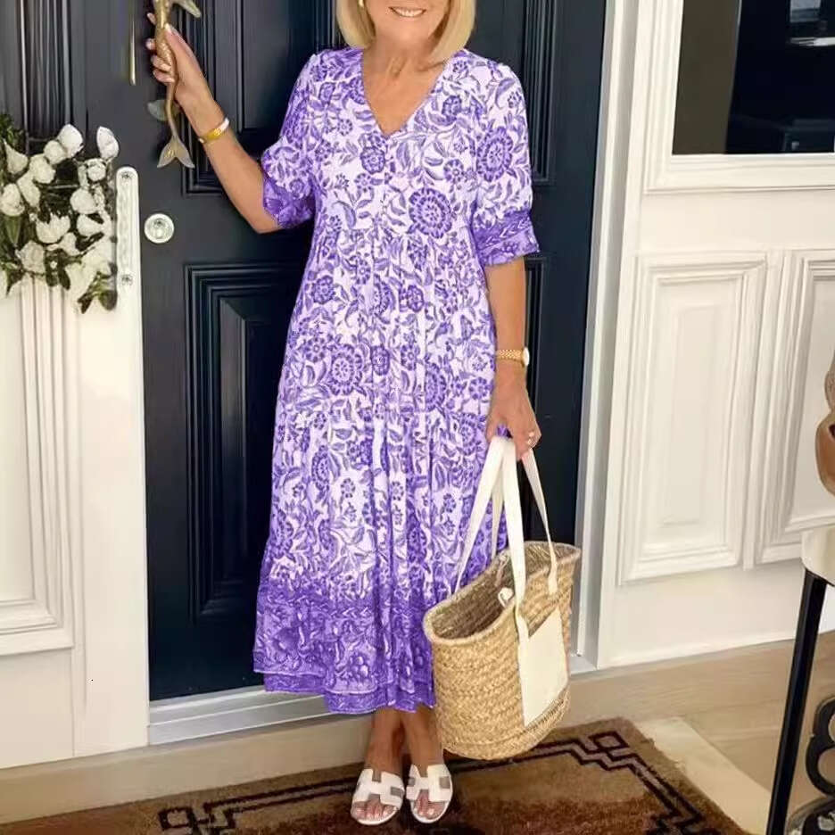Temperament Commuting V-Neck Short Sleeved Ral Tie Printed Loose Long Dress