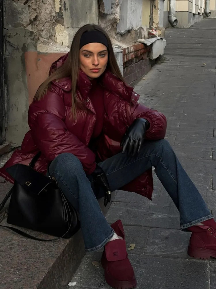 Fashion Burgundy Women Winter Hooded Cotton Jacket Vintage Solid Stand Collar Short Coat 2025 Lady Commute Street Outerwears 241212