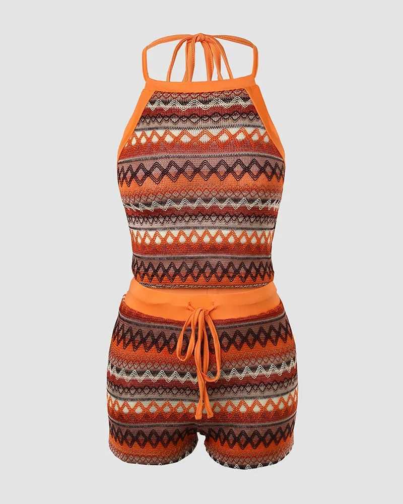 Women's Two Piece Pants 2024 Summer Womens Two Piece Sets Casual Sexy Elegant Geometric Pattern Halter Top and Drawstring Shorts Set Outfit Y2412