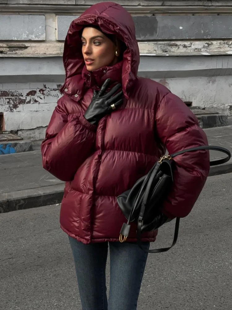 Fashion Burgundy Women Winter Hooded Cotton Jacket Vintage Solid Stand Collar Short Coat 2025 Lady Commute Street Outerwears 241212