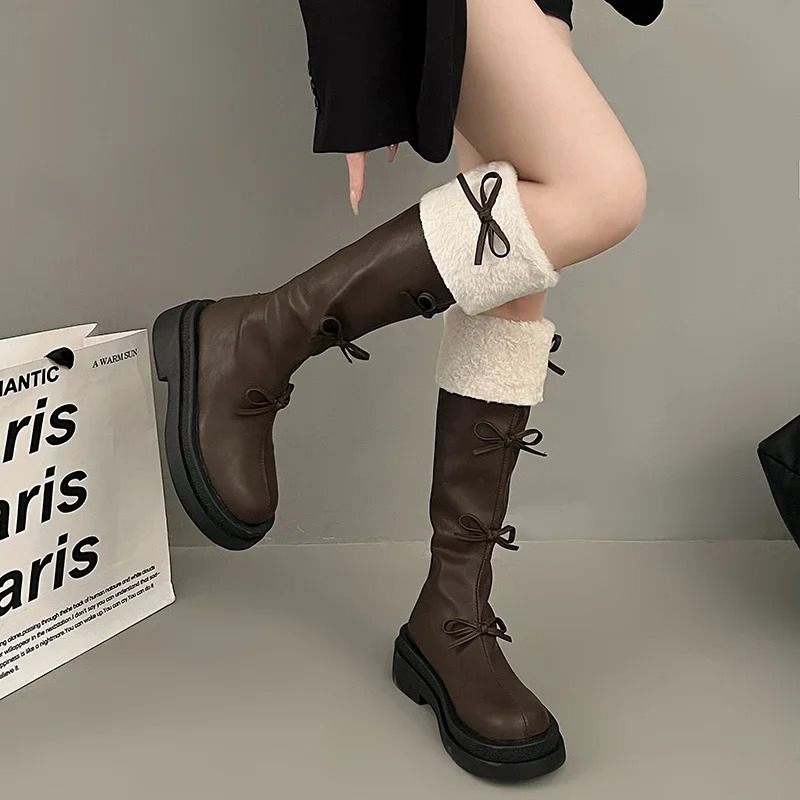Sweet Butterfly Knot Womans Boots Korean Fashion Brown High Boots Plush Thick Winter Womens Knee High Boots 241213