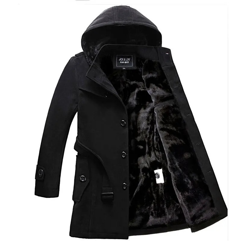 Mens Fleece Hooded Thick Wool Winter Coat Long Trench Men Casual Pocket Overcoat with Removable Hood 241213