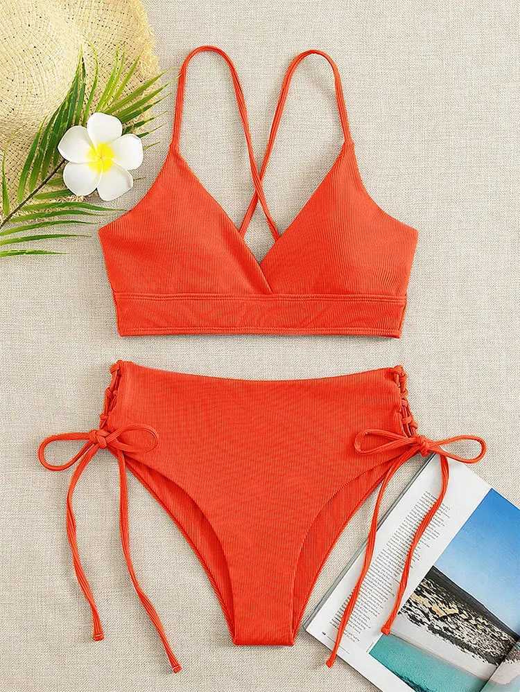 Cikini-V-Neck Split Bikini Set for Women Sexy Swimsuit Lace Up Triangular Bikinis Solid Color Beach Swimwear Bathing SuitXJ241212