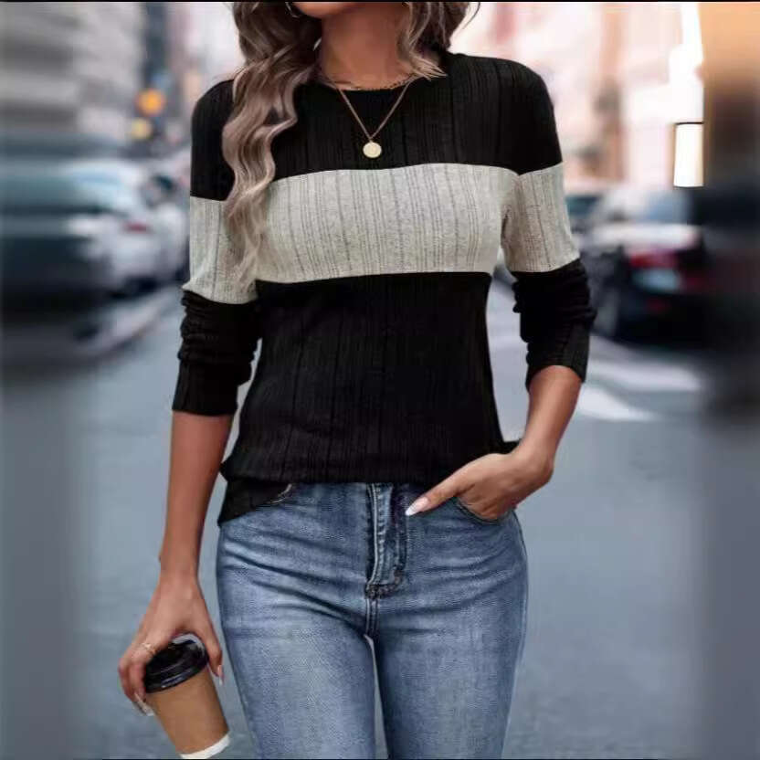 2024 European American Creative Spring and Autumn Round Neck Color blocked Loose Long Sleeve Hooded T-shirt for Women