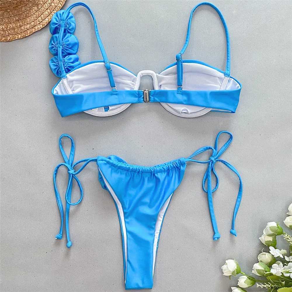Sexy 3D Flower Blue Push Up Bikinis Set 2024 Women Wrinkd Underwired Swimwear Micro Thong Swimsuit Bathing Suit Bikini MujerXJ241212