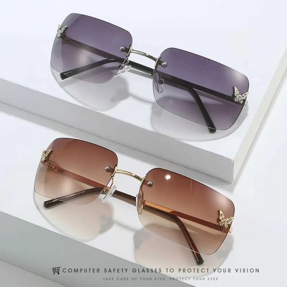 2023 Luxury Rhinestone Sunglasses for Women Y2K Retro Rimless Rectangle Sun Glasses Female Vintage Shades Travel Beach EyewearX241213