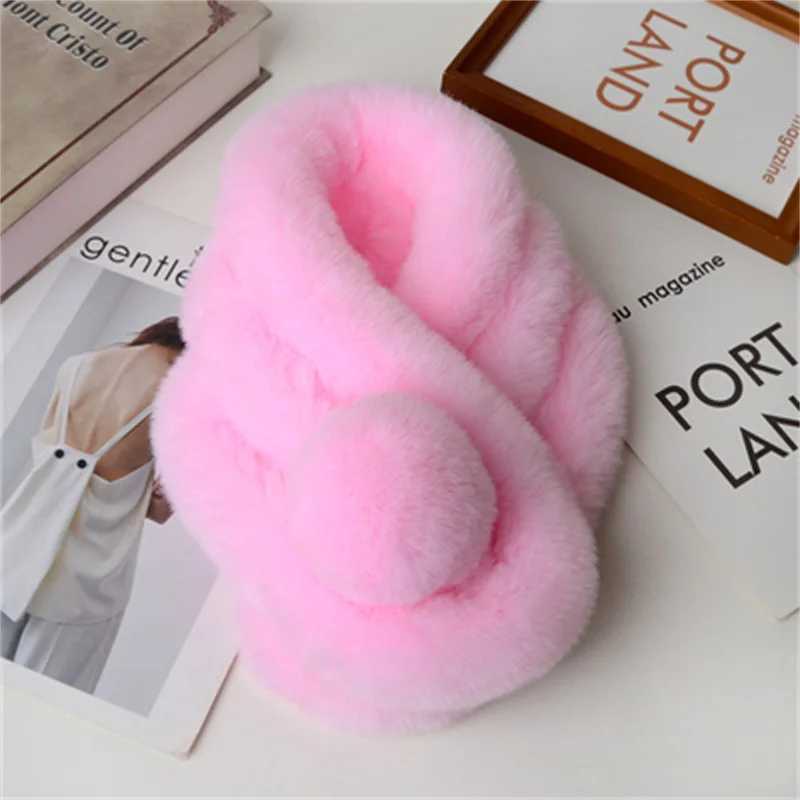 Scarves Wraps Faux Rabbit Fur Sweet Plush Ball Girl Lolita Neckerchief Furry Scarf Wrap Winter Neck Warmer Thickened Plush Unisex Scarf Wrap H241213