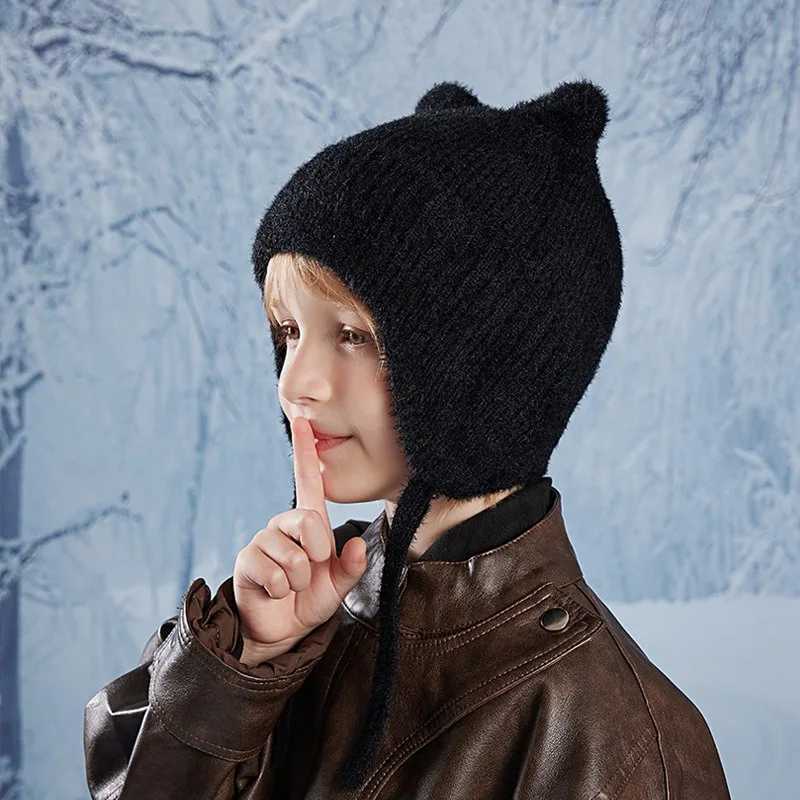 New Children Hats Cute Cat Ear Knitted Wool Hat Winter Boys Girls Babies Ear Protection Hoods Fashion Outdoor Warm Colorful CapsXJ241213