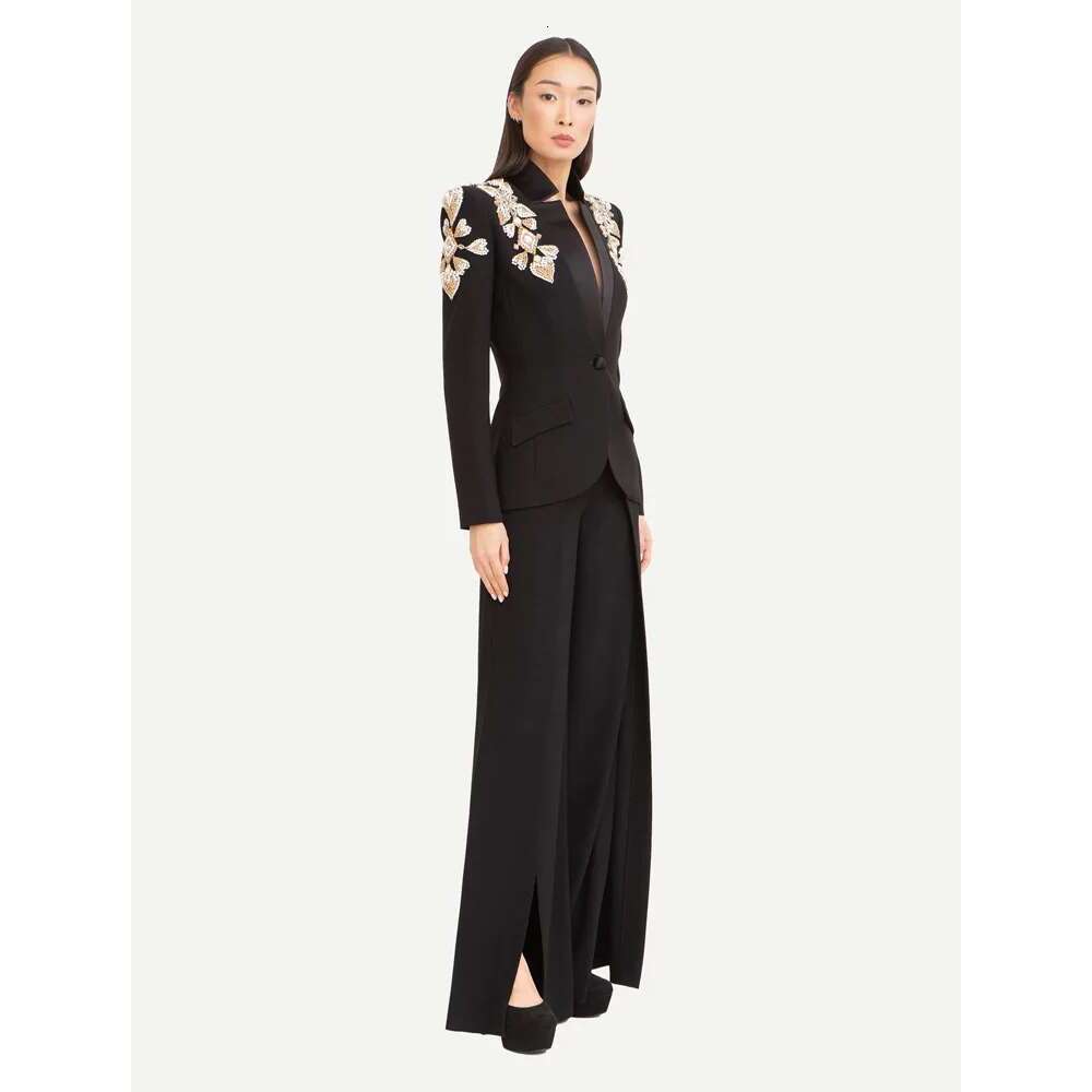 Ladies' Suit HIGH QUALITY Newest Designer Suit Women Beaded Dias Stand Collar Single Button Blazer Wide-Leg Pants Set 2Pcs