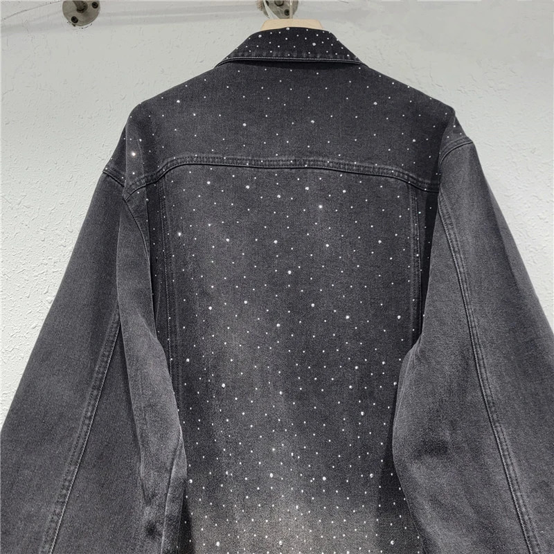 DEAT 2024 trend gradient heavy industrial diamond jacket womens long sleeved loose denim jacket womens 11A0615 241209