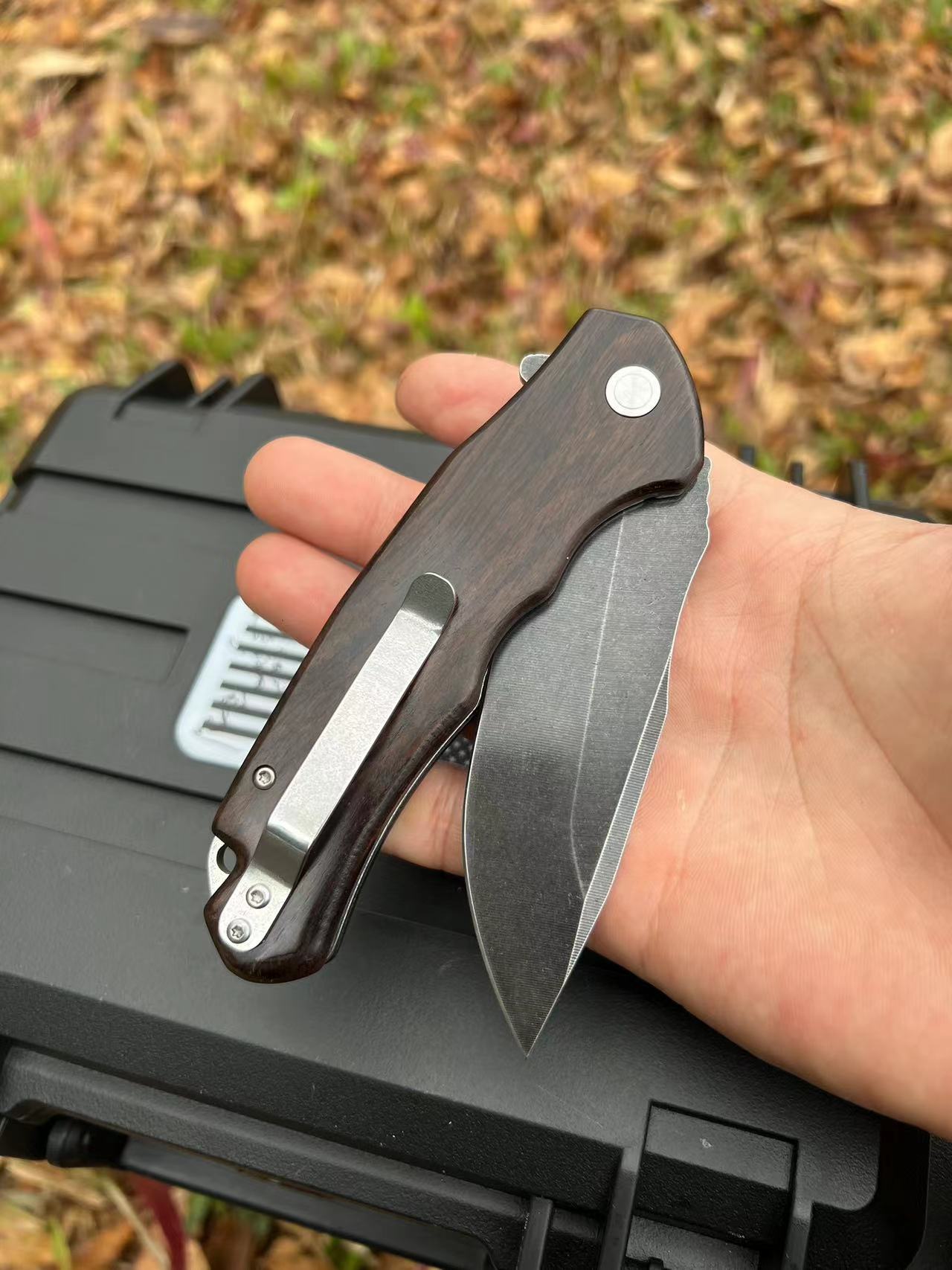 Top Quality Flipper Folding Knife 5Cr13Mov Black Stone Wash Drop Point Blade Wood with Steel Sheet Handle Outdoor EDC Pocket Knives