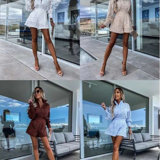 European And American New Product Temperament Women's Casual Fashion Solid Color Lace Multi Button Set Long Sleeved Top+Shorts Fashionable Qualit