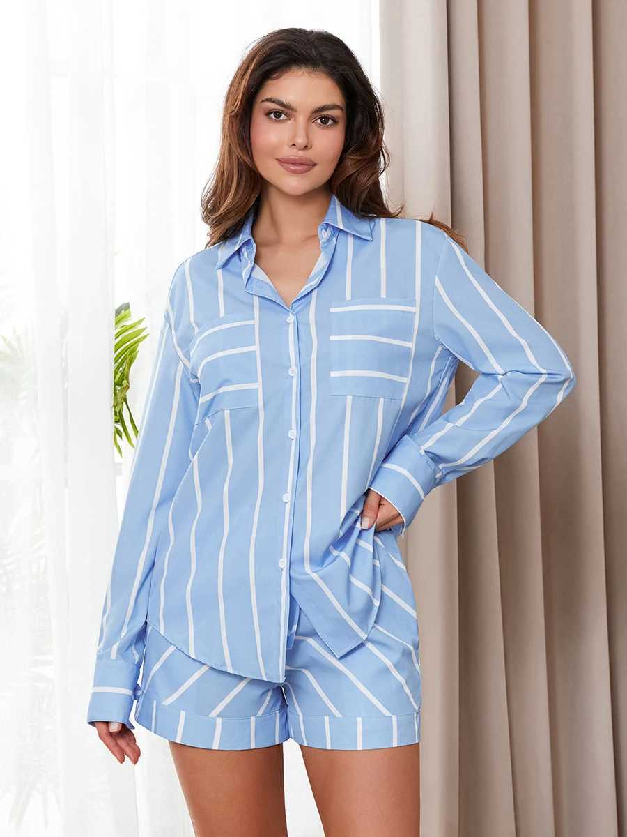 Women's Two Piece Pants Dourbesty Women Striped Print Long Slve Button Down Shirt + Shorts Set Loungewear Elegant Lady Spring Matching Suit Y2412