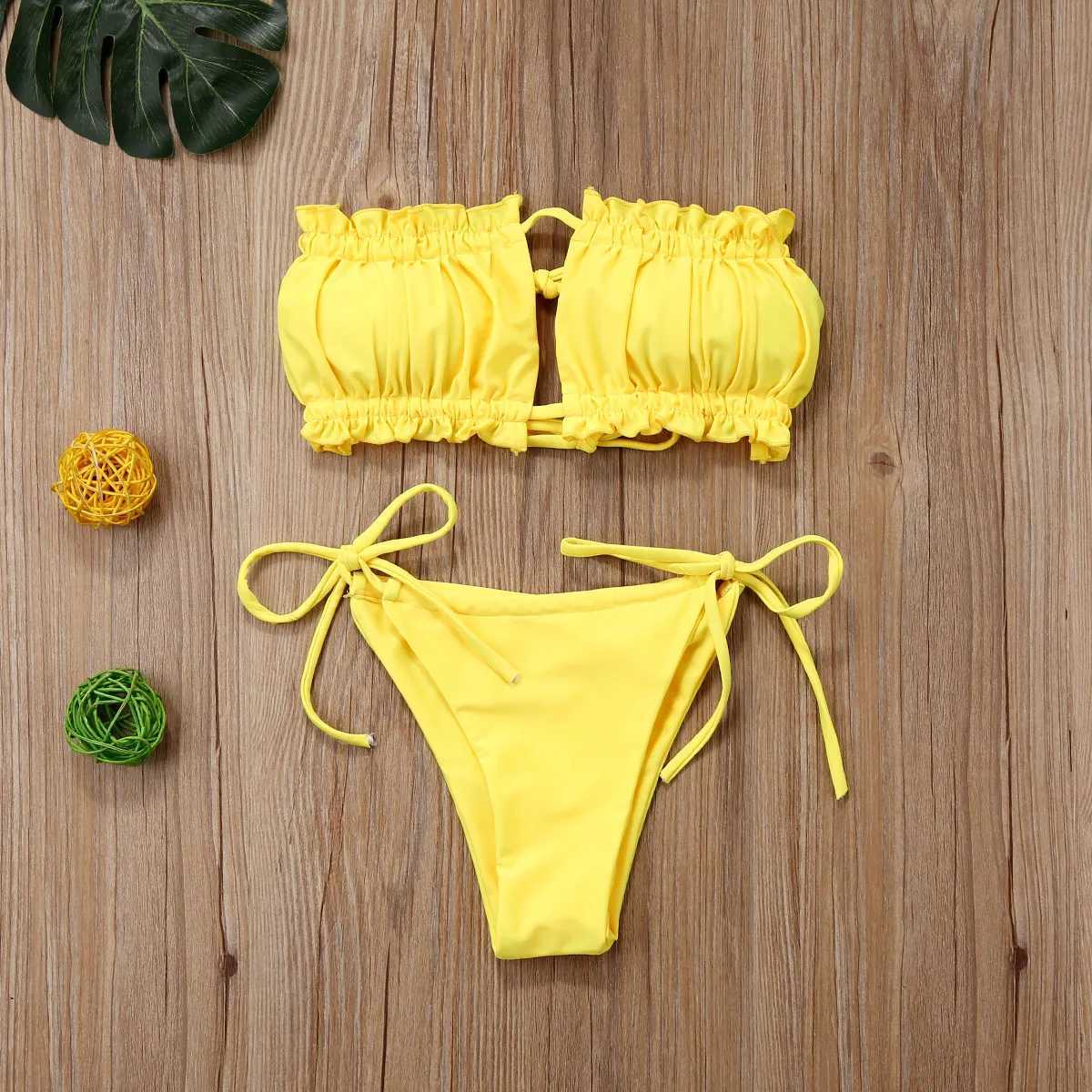 Hirigin Women Bikini Set Sumwear New 2020 Sexy Straps Ruffs Bandage Pure Color Push Up Padded Women Swimwear Bathing SuitXJ241212