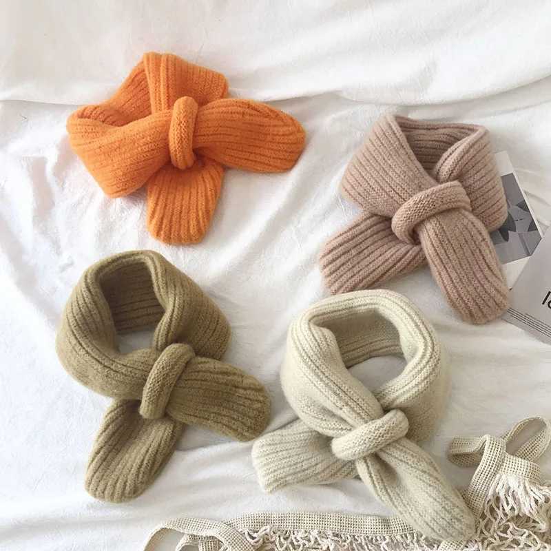 Scarves Wraps Candy Color Children Scarf Korean Woolen Knitted Cross Neckerchief Winter Baby Girl Boys Warm Scarves H241213