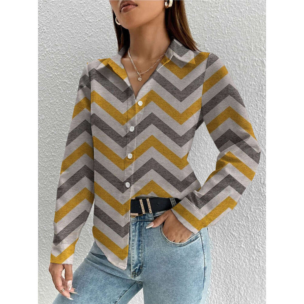 New Retro Digital Printed Long Sleeve Collar Top Women's Trendy Clothing Fashionable Casual Style