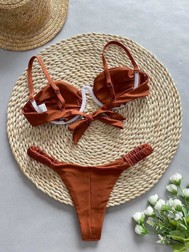 OIINAA Swimwear Women Sexy Soild Color Swimsuit Pated Bikini Suit Lace Up Bow Tie Biquini Summer Thong Two-pieces Bathing SuitXJ241212