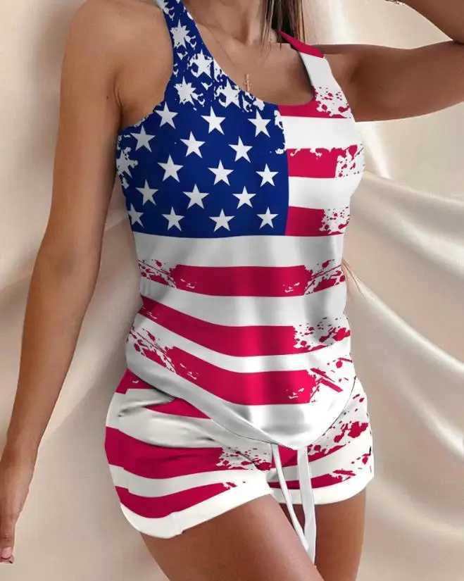 Women's Two Piece Pants Two Piece Sets Womens Outifits 2023 Summer Fashion Star-Spangled Banner Print U-Neck Slveless Tank Casual Daily Shorts Se
