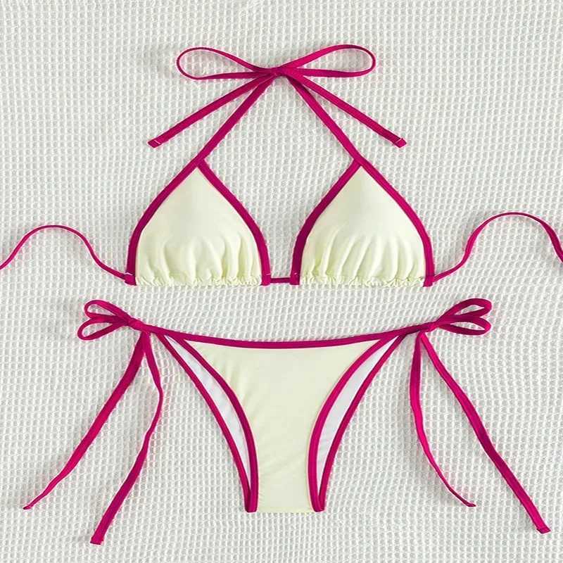 Sexy Contrasting Colors Micro String Bikinis Sets Swimsuit 2024 Women Halter Mini Thong Swimwear Biquinis Beachwear Bikini MujerXJ241212