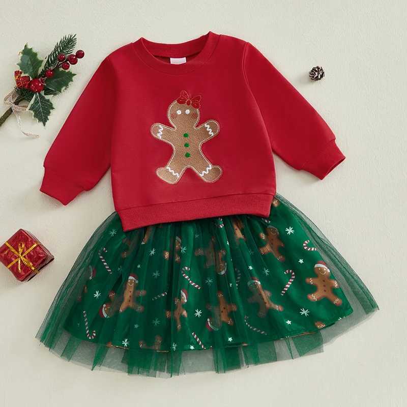 FOCUSNORM 0-4Y little girl Christmas costume set long sleeved gingerbread embroidered sweatshirt+sheer lace dress W241213