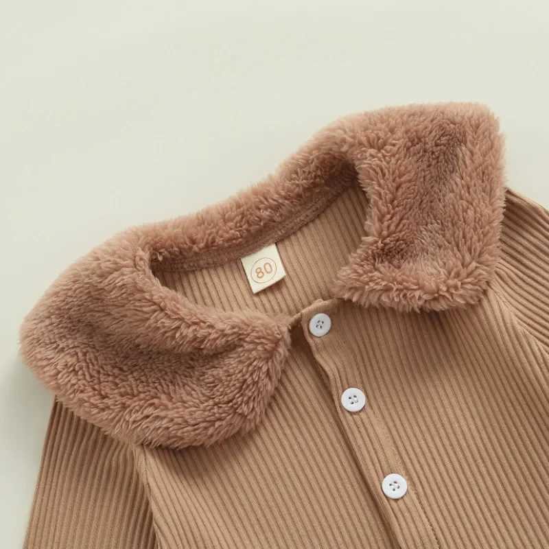 Childrens clothing autumn/winter 2024 plush patchwork rib knit lapel button long sleeved jacket high waisted elastic pants set W241213