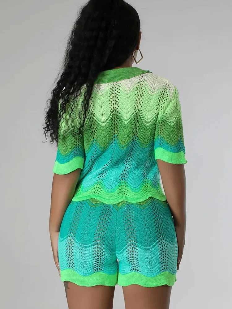Women's Two Piece Pants Knitted Striped Crochet Set Women 2 Pieces Vacation Hollow Out Single-breasted Knit Top and Shorts Sets Women 2 Piece Out