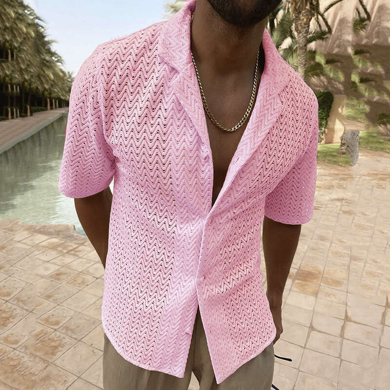 European And American New Casual Fashion Solid Color Lapel Button Lace Short Sleeved Hollow Shirt Top Fashionable Quality Classic