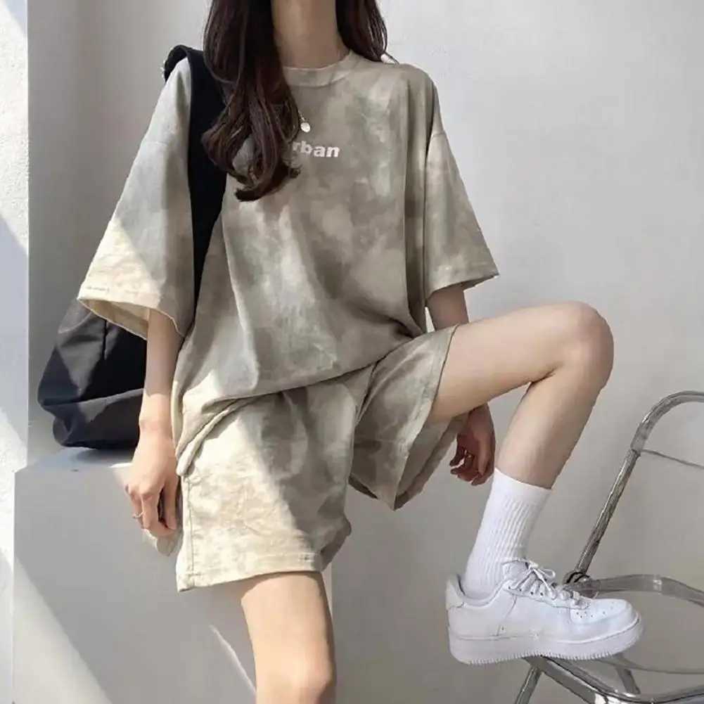 Women's Two Piece Pants 2 Piece Suit Women T-Shirt Shorts Set Korean Fashion Tie Dye Loose Short Slve T-shirt And Wide Leg Set dents Sports Outfi
