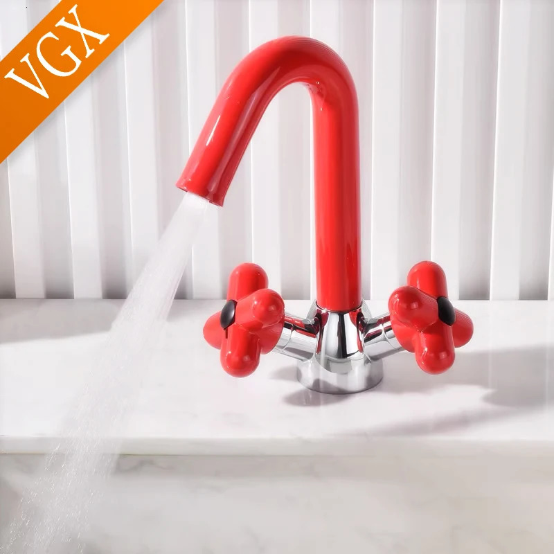 VGX dual handle bathroom faucet switch basin mixer sink gourmet washbasin brass red green 241211