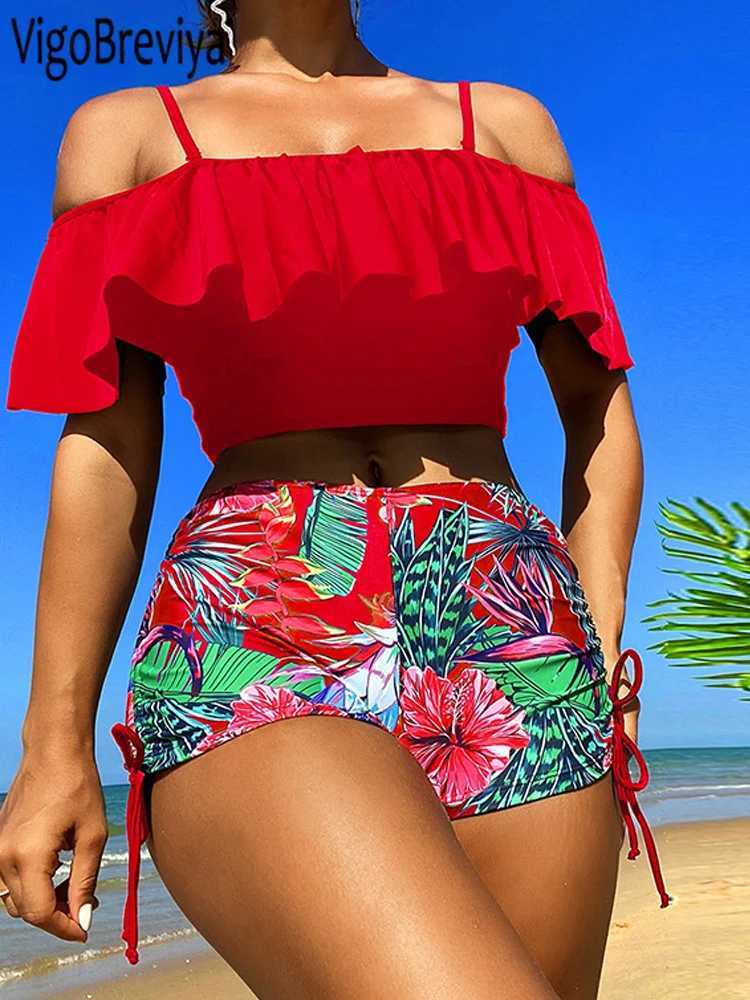 VigoBreviya 2025 Print Off Shoulder Strapped Swimwear Women Push Up High Waist Bikini Sexy ss Swimsuit Summer Bathing SuitXJ241212
