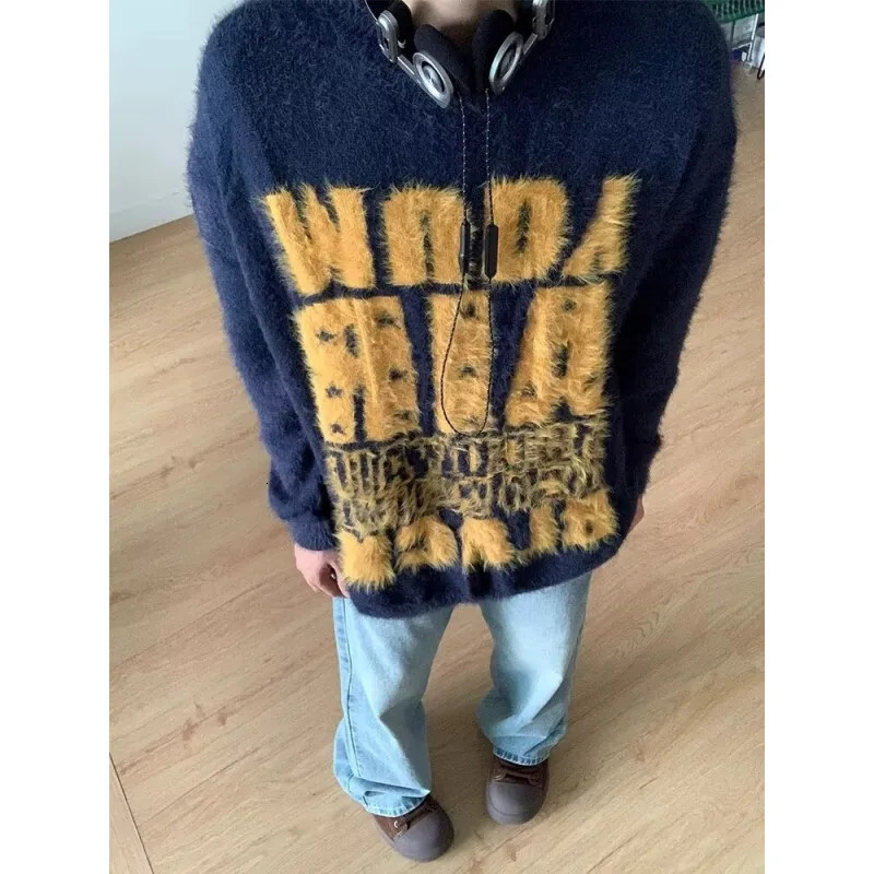 oimg Netmap American Mink Fur Letter Loose For Men Couple Autumn And Winter Lazy Knit Sweater 241213
