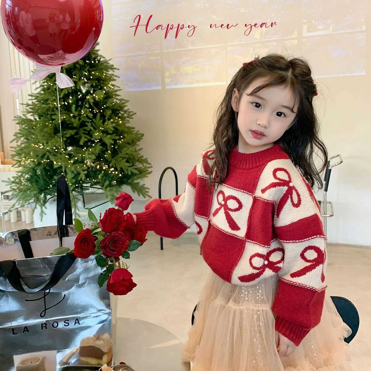 Girls Red Sweater Thickened 2024 Autumn and Winter New Style Childrens Knitwear Childrens Christmas New Year Line Clothing W241213