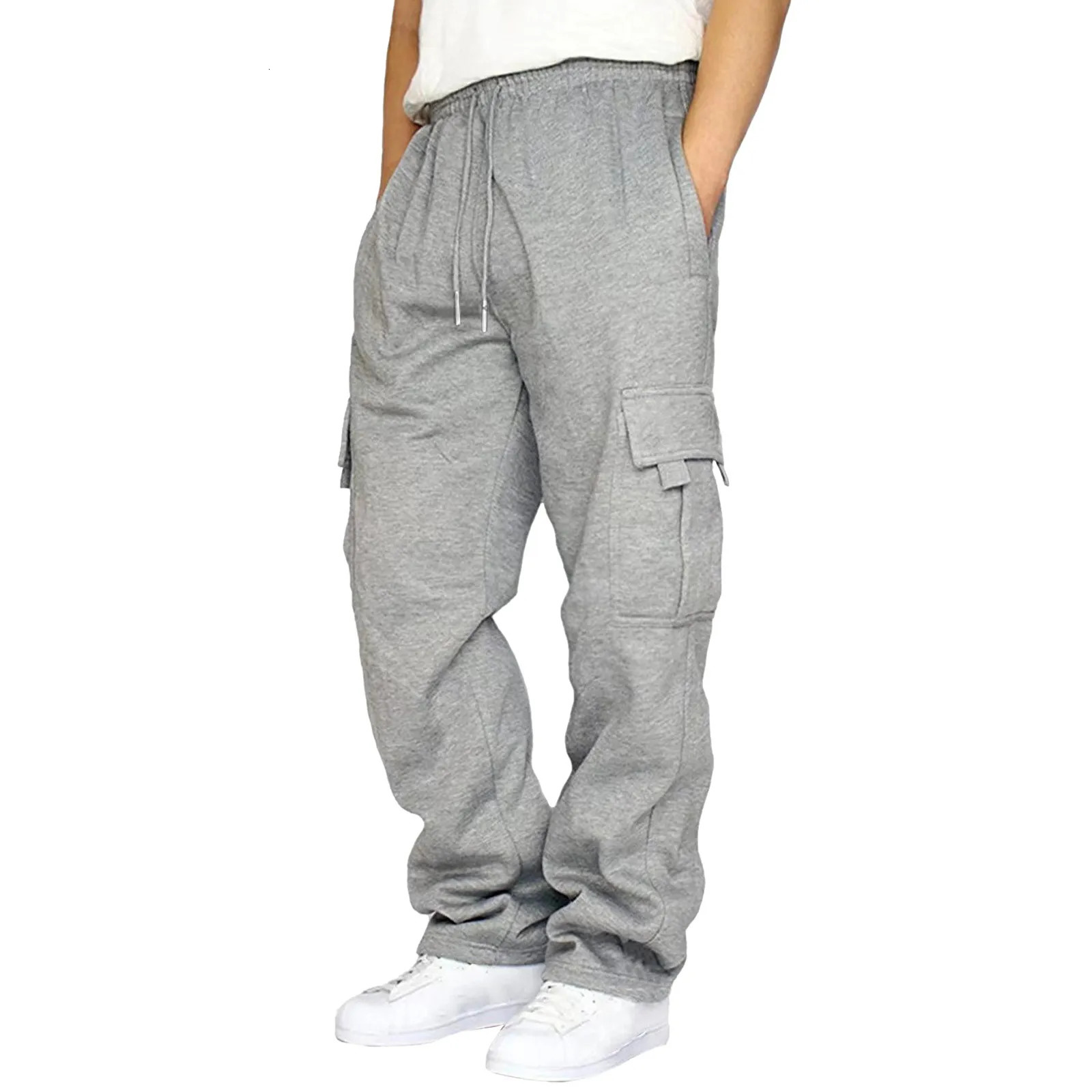 Mens Grey Baggy Sweatpants Outdoor Sports Casaul Jogger Running Trousers MultiPockets High Waist Drawstring Pantalon Hommes 241203Z