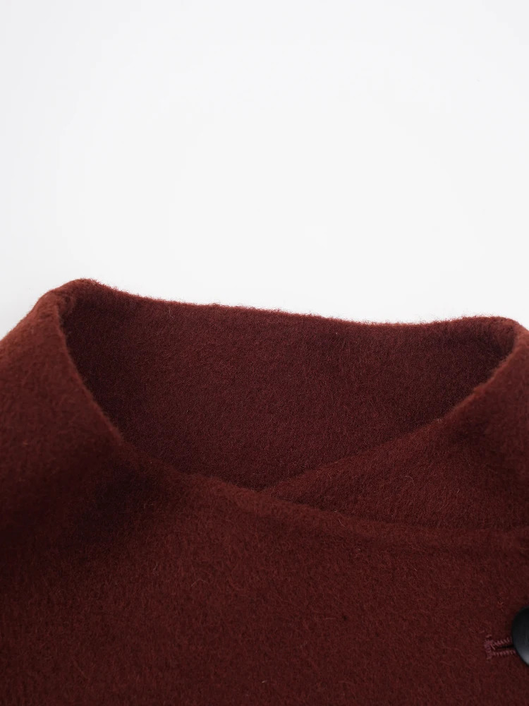 EAM Red Belted Big Size Long Thick Woolen Coat Stand Collar Sleeve Women Jacket Fashion Autumn Winter CPG 241213