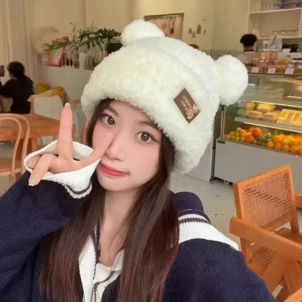 Cute Winter Plush Beanie Cap for Women Bear Ear Knitted Wool Hat Female Girls Solid Color Thicken Lamb Fleece HatsXJ241213