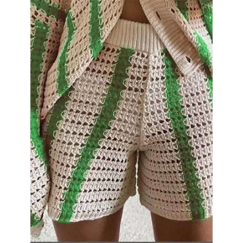 Women's Two Piece Pants Jinia trendy striped 2 piece sets women 2024 lapel knitted long slve top loose pants short sets summer ladies boho strtwe