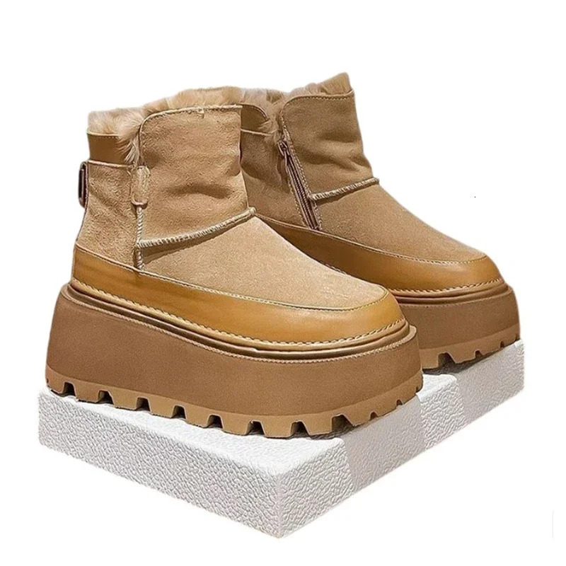 New Thick soled Snow Leather Women's High Heels Ankle Shoes 2025 Winter Designer Suede Short Fur Boots Casual Shoes