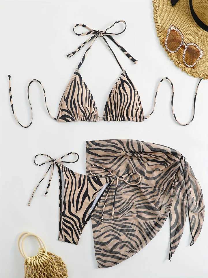 2024 Sexy Three Pieces Bikini Set Women Summer Bikini With Sarong Skirt Swimsuit Fa Swimwear opard Printed Bathing SuitsXJ241212