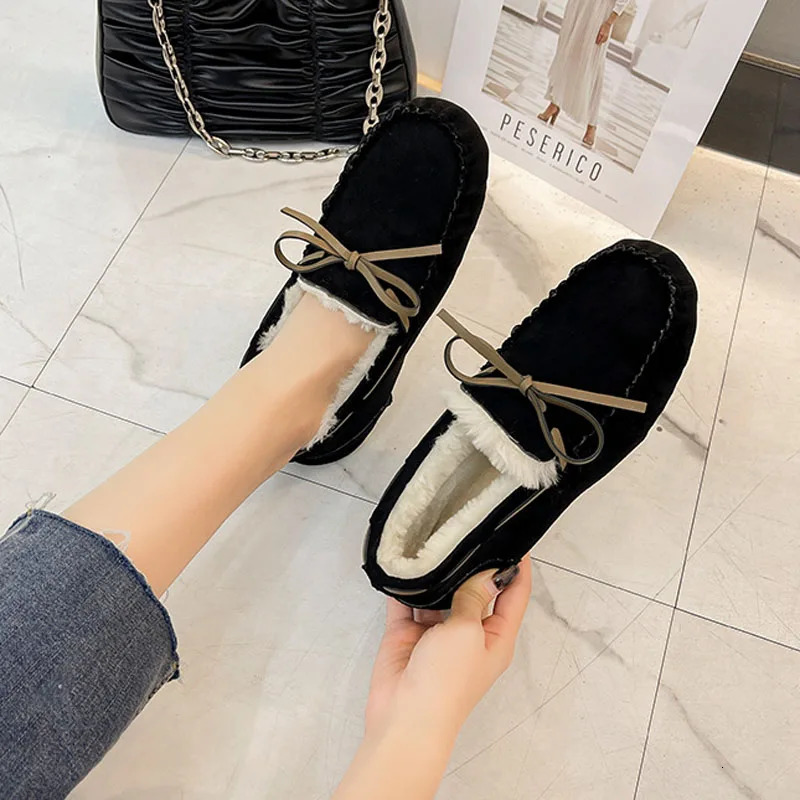 Winter Women Shoes Flat Loafers Warm Plush Inside Slip-On Casual Ladies Shoes Non-Slip Bottom Bowtie Home Slippers Shoes WSH4236 241213