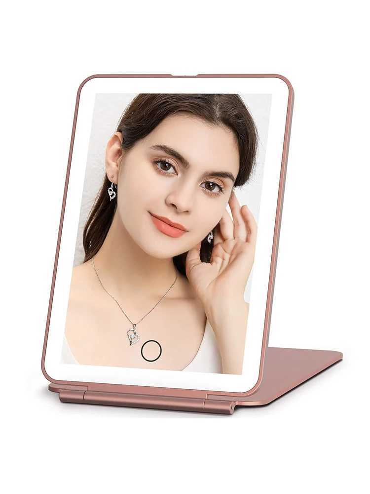 LED Foldable Travel Makeup Mirror 3 Colors Light Modes USB Rechargeable Touch Screen Portable Tabletop Cosmetic MirrorXJ241213
