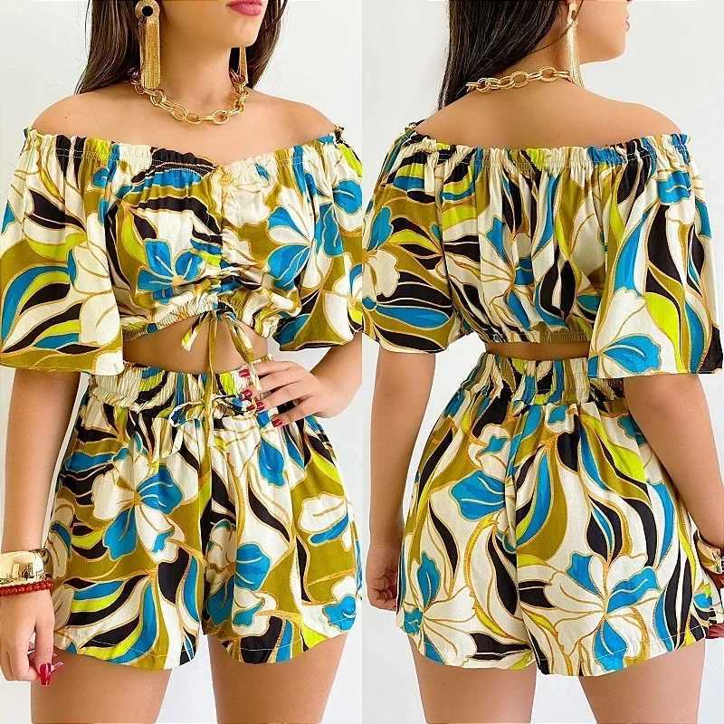 Women's Two Piece Pants Shorts 2 Piece Set Woman Outfit 2024 Summer Plant Print Fashion Versatile Off Shoulder Drawstring Casual Tops Suits for F